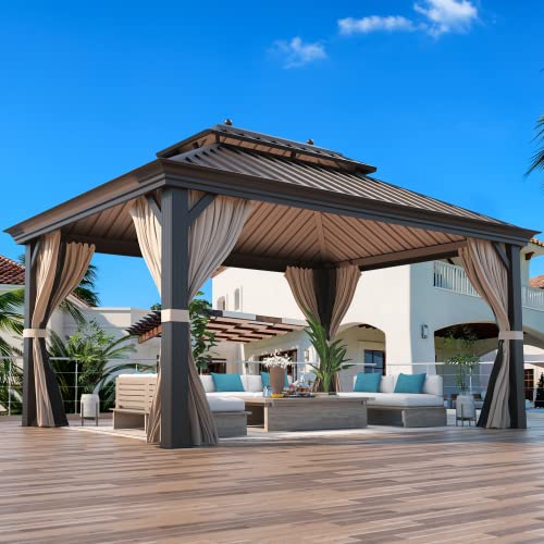 MELLCOM 12'x16' Hardtop Gazebo, Galvanized Steel Metal Double Roof Canopy with Curtains and Netting, Brown Permanent Pavilion Gazebos with Aluminum Frame for Garden, Patio, Lawns, Deck
