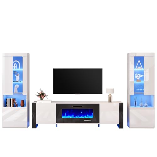AMERLIFE Entertainment Center with 36" Fireplace and 2 Bookshelves, Includes TV Stand for TVs Up to 80in, Modern LED Lights TV Console for Living Room