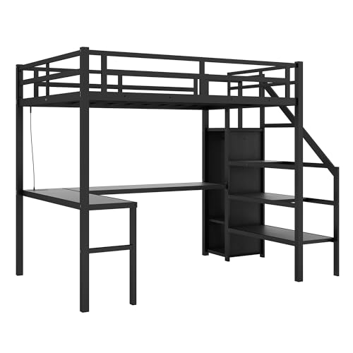 Wood Full Size Gaming Loft Bed with Desk, Multi-storage Shelves, LED and Charging Station，Suit High Loft Bed Frame with Bookshelf for Kids Teens Adults (Black, Full)