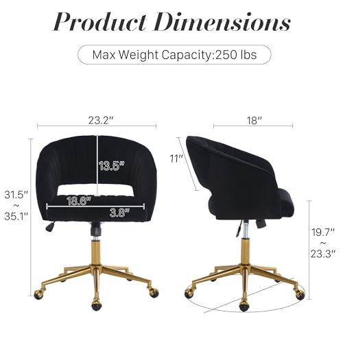 Home Office Swivel Desk Chair, Modern Corduroy Desk Chair, Height Adjustable Armchair with Gold Base, Ergonomic Office Chair for Living Room Vanity Study Computer Room, Black