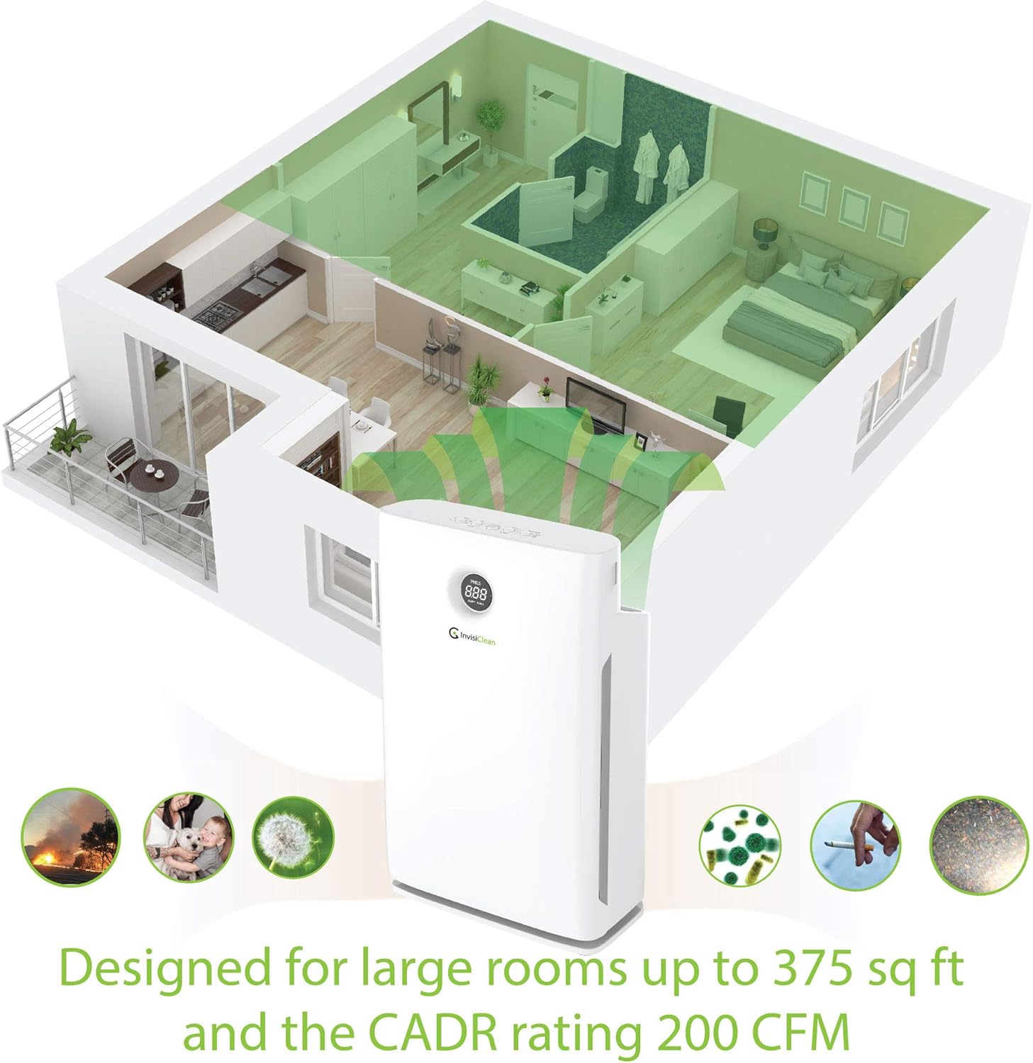 InvisiClean Claro Air Purifier &ndash; Covers 1500 Sq Ft - 4-in-1 H13 True HEPA, Ionizer, Carbon + UV-C Light - Air Purifier for Allergies & Pets, Home, Large Rooms, Smokers, Mold, Dust, Allergens, Odors, and Viruses - IC-4524