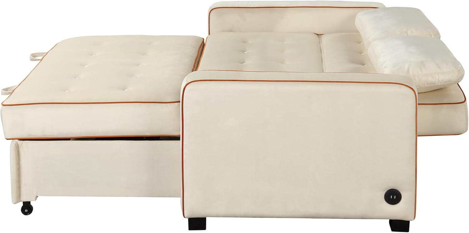 3 in 1 Multi-Functional Pull Out Sofa Bed , Velvet Upholstered Convertible Sleeper Loveseat Couch Guest Daybed with Adjustable Backrest and Dual USB Charging Port for Living Room Office RV Furniture