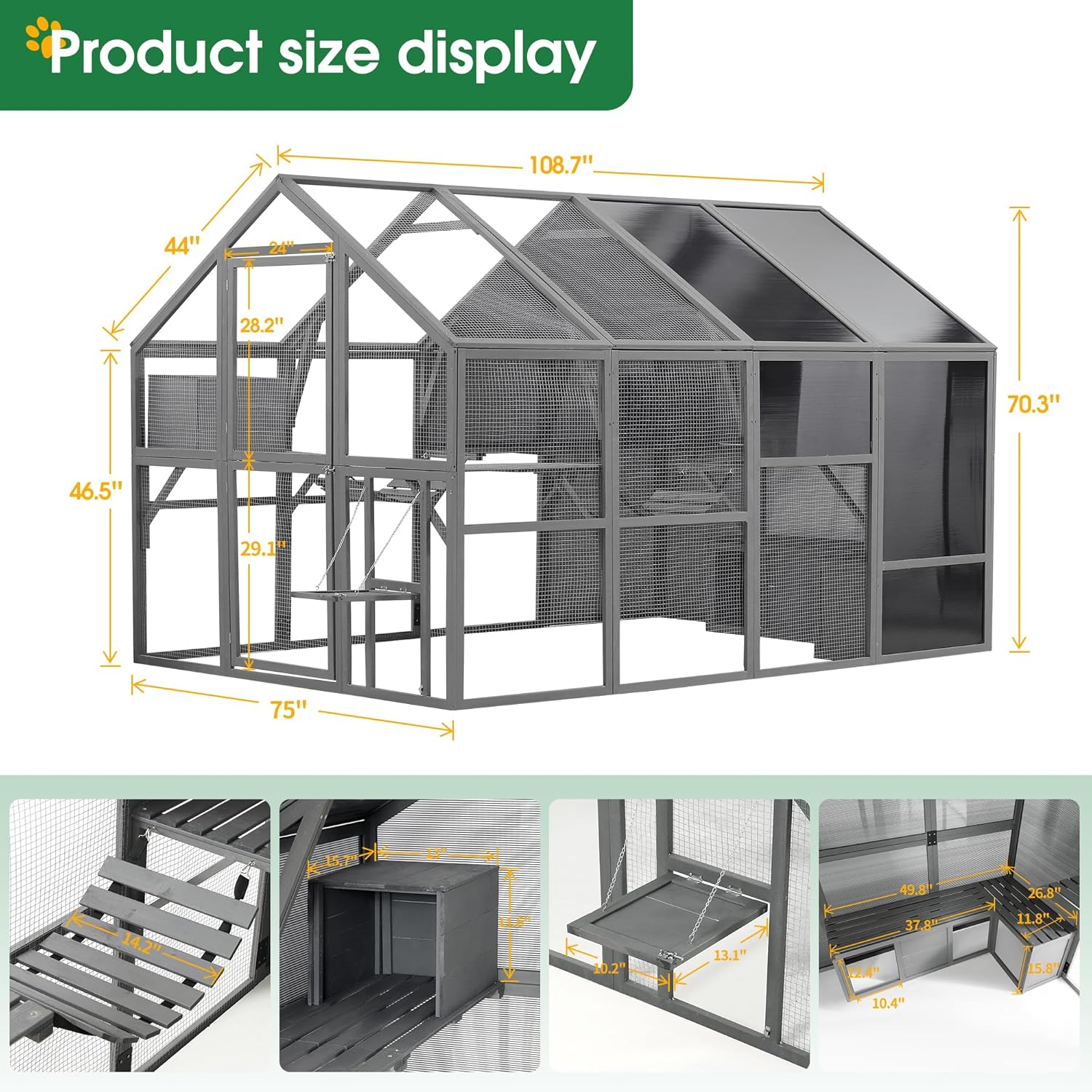 Large Cat Cage Outdoor Wooden Catio Enclosure Patio Large Cat Run House for Multiple Pets Walk in Kitten Kennel with with Bridges, Walks, Small Houses 108.7''Outdoor Indoor Cats with Weatherproof Roof