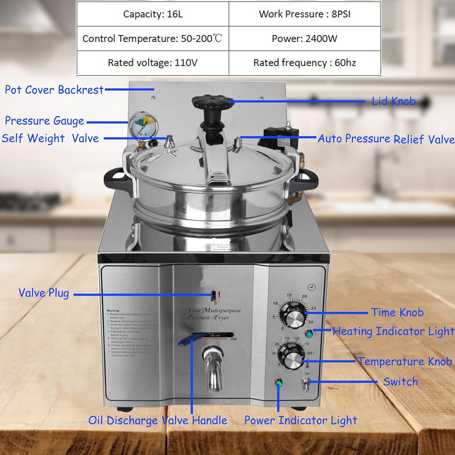 TECHTONGDA 16L Countertop Pressure Fryer, Stainless Steel Commercial Chicken Deep Fryer, 110V 3KW Counter Top Pressure Cooker with Timer and Variable Thermostat, for Restaurant Frying Chicken Fish
