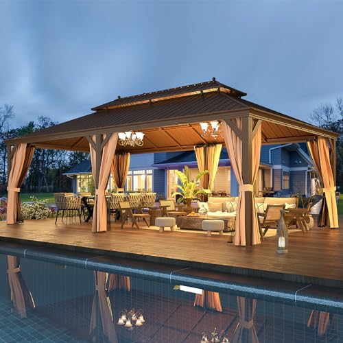 EROMMY 14'x20' Hardtop Gazebo Double Roof Galvanized Steel Canopy Outdoor Aluminum Frame Permanent Metal Pavilion with Netting and Curtains for Patio Backyard Deck and Lawns