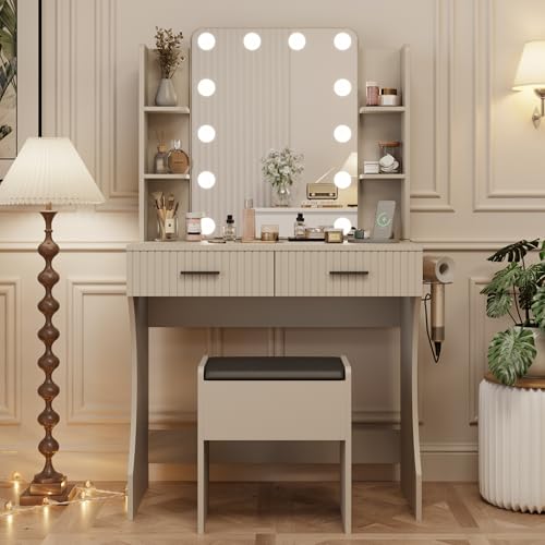 Vanity Desk with LED Lighted Mirror, Makeup Vanity with 3 Adjustable Lights, 2 Large Drawers and 4 Open Shelves, White Vanity with Storage Stool for Bedroom