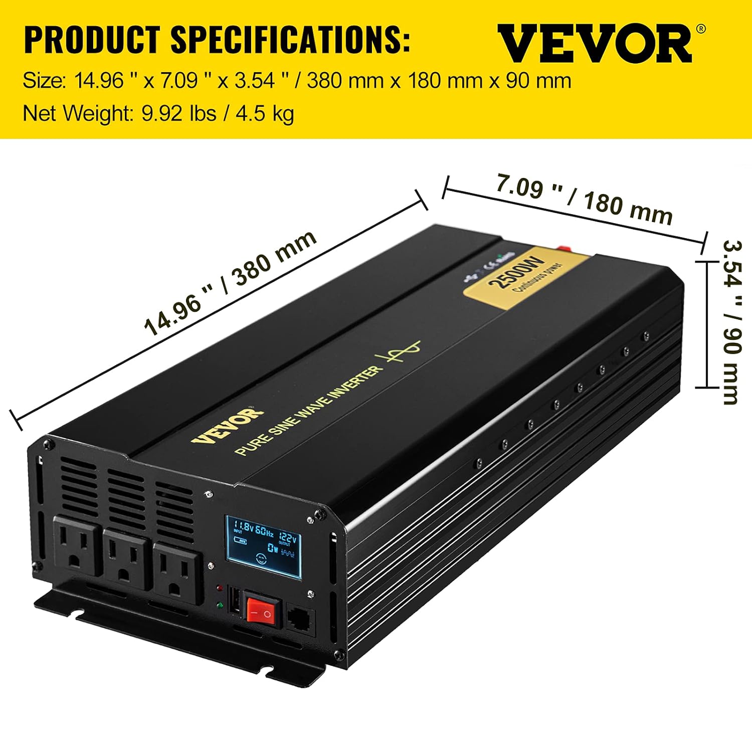 VEVOR Pure Sine Wave Inverter, 2500 Watt Power Inverter, DC 12V to AC 120V Car Inverter, with USB Port, LCD Display, and Remote Controller Power Converter, for RV Truck Car Solar System Travel Camping