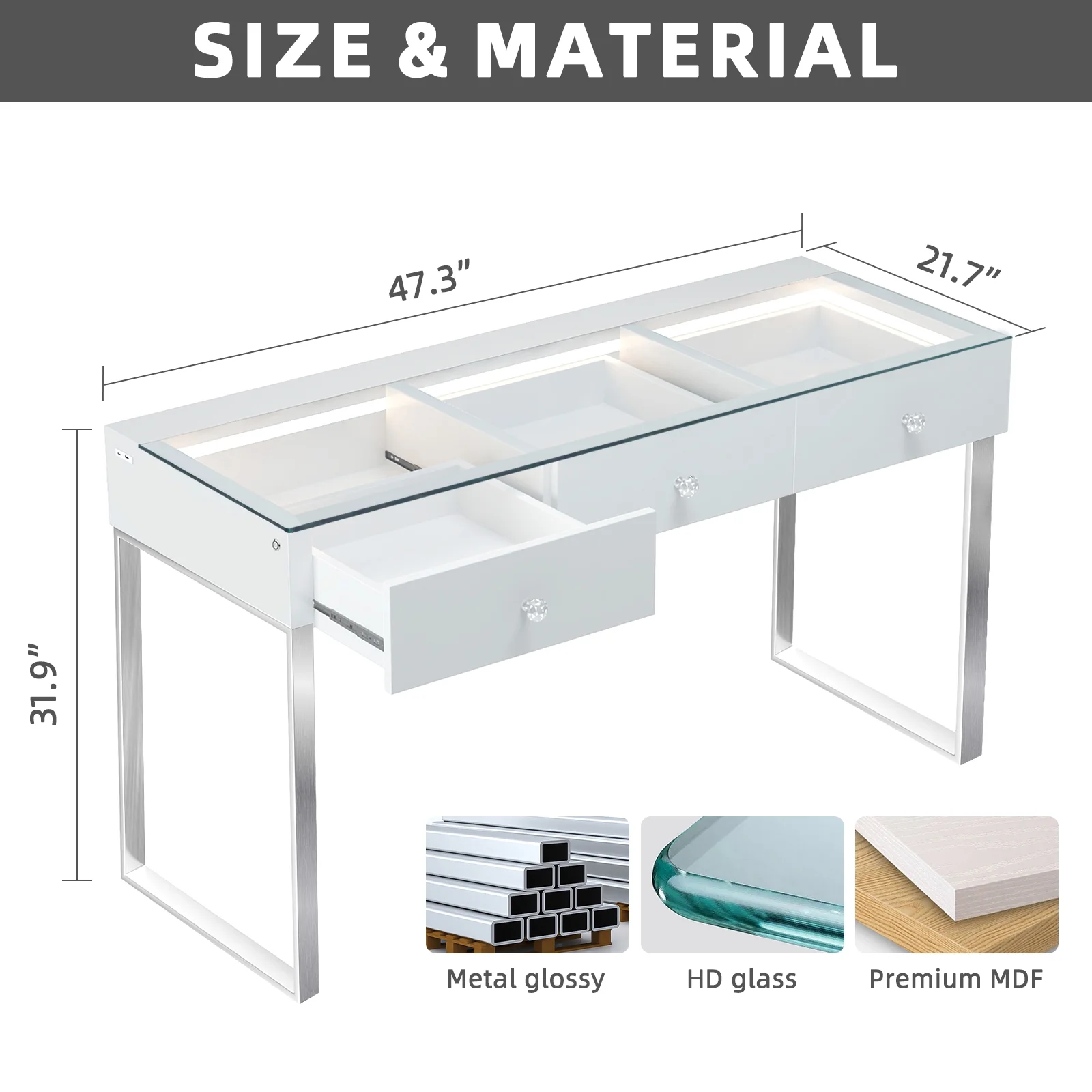 VANITII 3-Drawer Modern Makeup Vanity Table LED Light Charging Port Stainless Glass Vanity Desk
