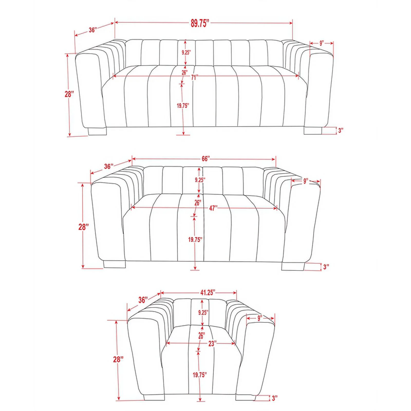 Rnfurnishings 3-PC Living Room Furniture Velvet Sofa+Loveseat+Armchair Set-Beige