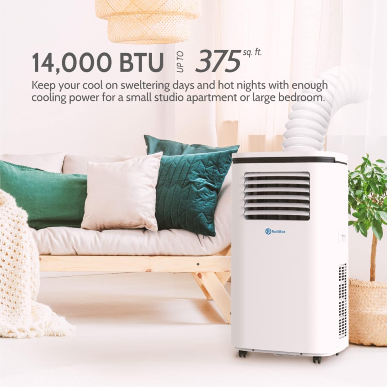 ROLLICOOL 14000 BTU Smart Portable Air Conditioner, Dehumidifier & Fan for Rooms up to 375 sq ft | Alexa-Ready Voice Commands, App, Dual-Band WiFi Support, Bluetooth, Easy Install