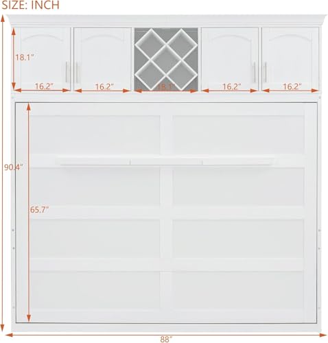 MERITLINE Queen Horizontal Murphy Bed Cabinet with Storage Bookcase Shelves and Charging Station,Wood Folding Grey Murphy Wall Bed for Adult