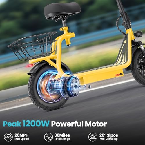 Caroma Peak 800W/1200W Electric Scooter Adults, 30 Miles Max Range, Foldable Electric Scooter with Seat, Front Suspension, Detachable Large Basket,Commuter E-Scooter for Adult and Teens