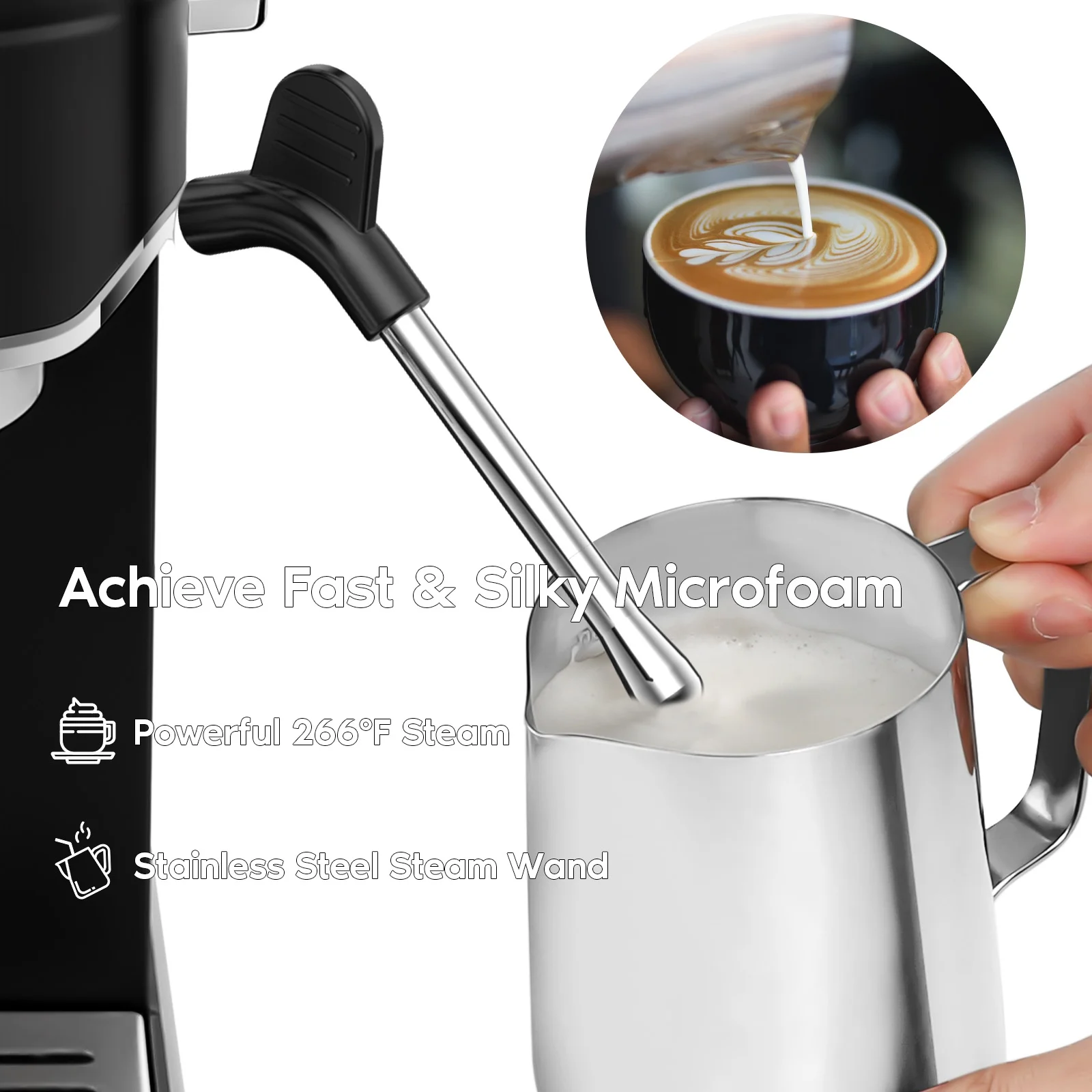 Casabrews 20 Bar Espresso Machine with Milk Frother Steam Wand, Professional Cappuccino Machine,  Stainless Steel, Black