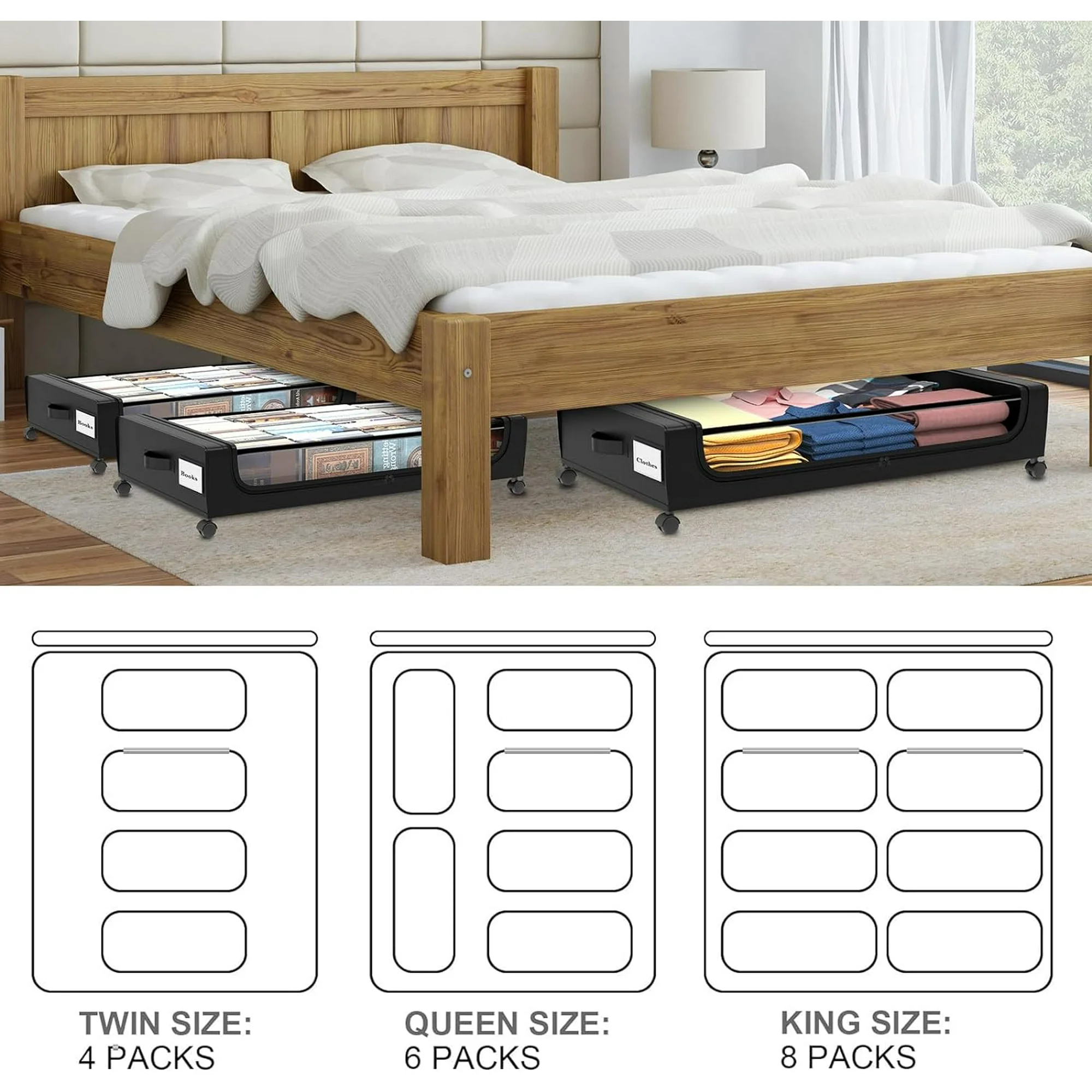 Under Bed Storage with Wheels 2 Pack, Under Bed Storage Containers, Large Under Bed Rolling Storage with Lid, Bedroom Storage Organizer for Clothes, Shoes,Toys, Books, Blankets BLACK