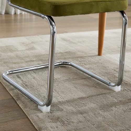Mid-Century Modern Velvet Accent Dining Chairs Set of 2 - Natural Cane Rattan Back with Stainless Chrome Cantilever Base, Upholstered for Ultimate Comfort in Your Kitchen or Dining Room (Olive Green)