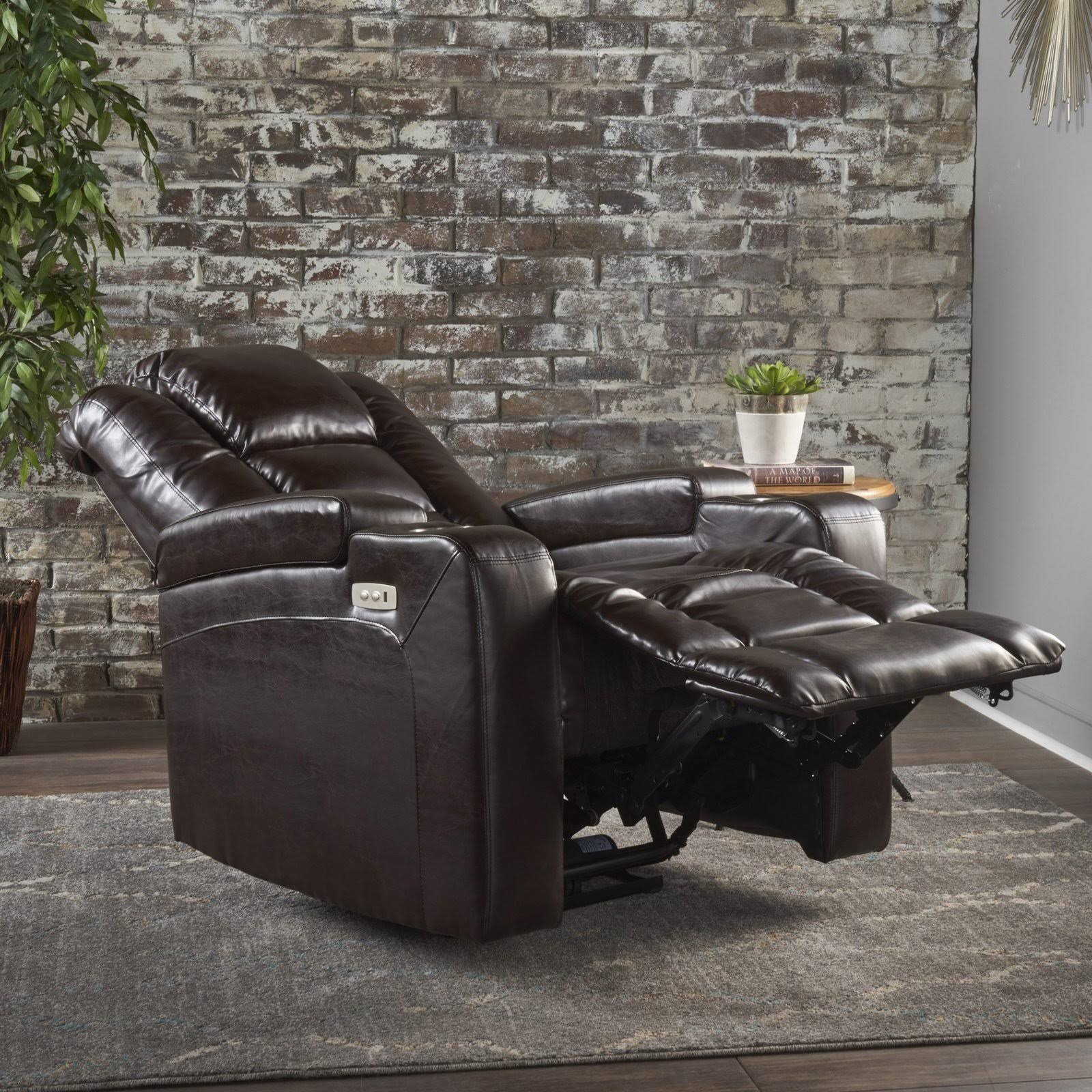Everette Tufted Brown Leather Power Recliner with Arm Storage and USB