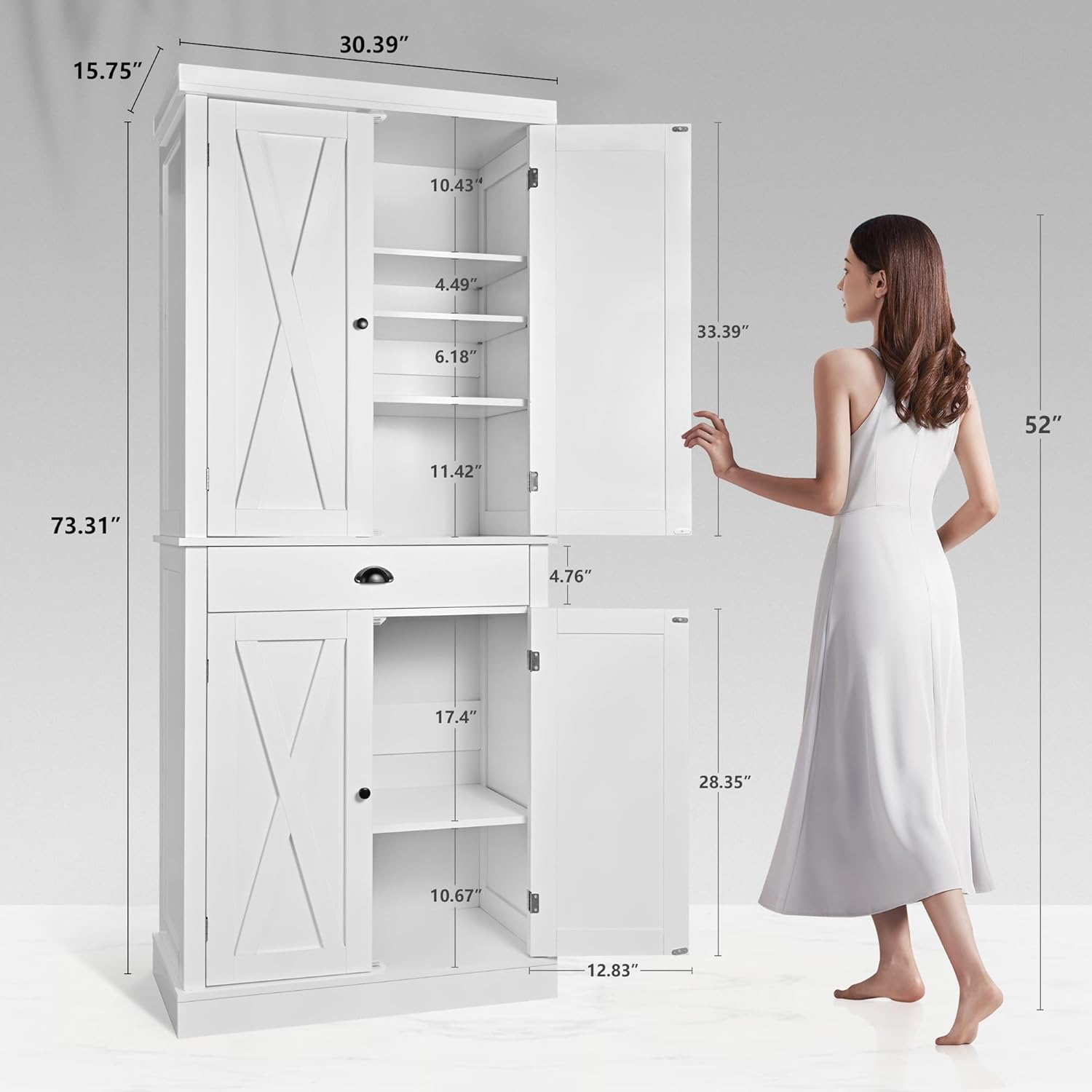 SULIVES Kitchen Pantry Storage Cabinets,Storage Cabinets with 4 Doors and 6 Shelves,73" Tall Food Pantry Cabinets for Kitchen Storage,Versatile Kitchen Hutch Cabinet with Storage,White