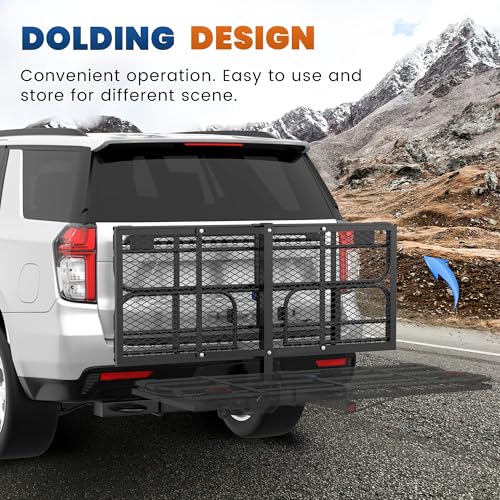 500 Lbs Folding Rack Hitch Mount Cargo Carrier, 2" Hitch Receiver, 60" x 24" x 14" Size,Bolt Lock Luggage Basket Heavy Duty Hitch Rear Trailer Cargo Rack Compatible for SUV Truck Pickup