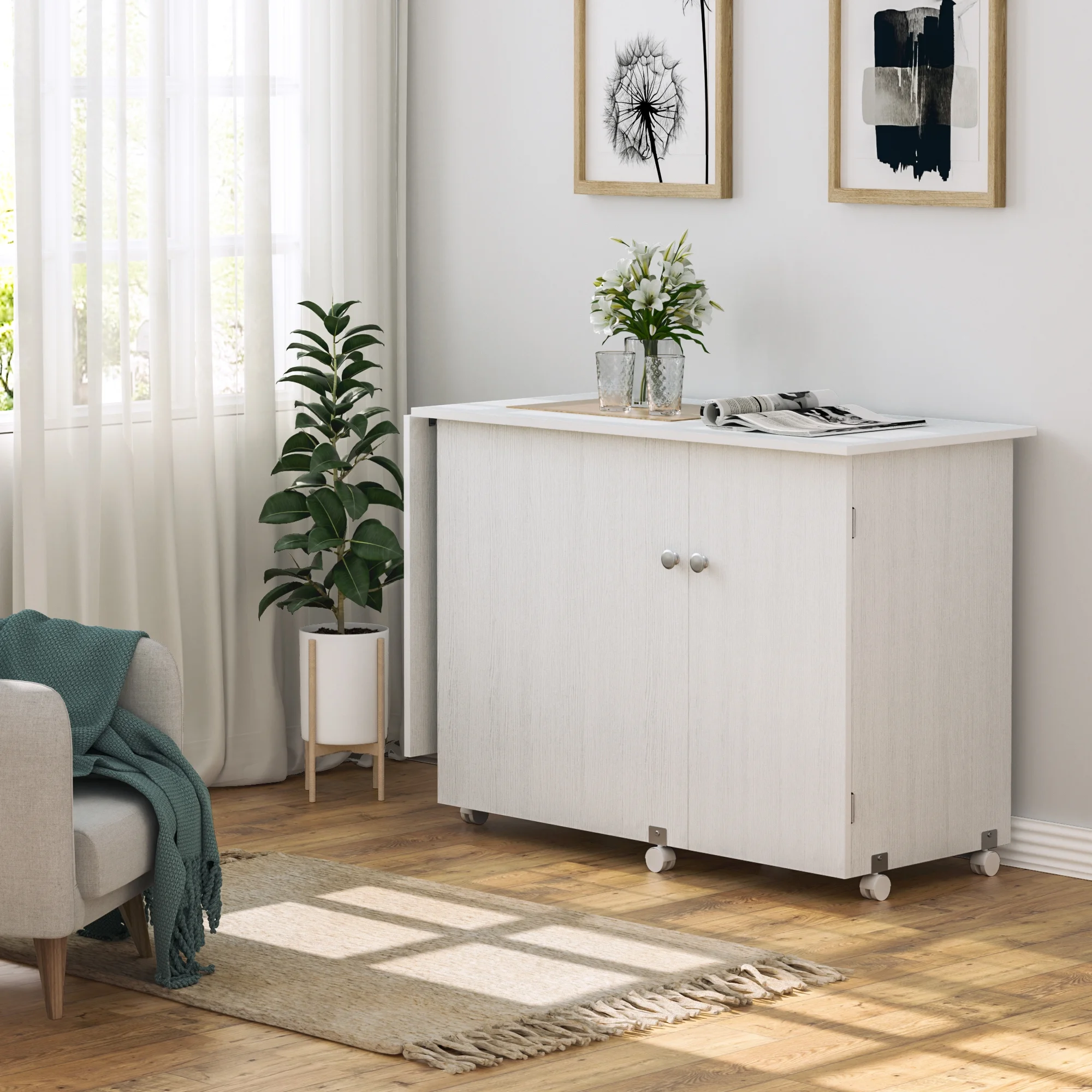 Homfa Folding Sewing Machine Table with Cabinet, 63 Inch Multipurpose Large Sewing Craft Cart with Storage Shelves, Sewing Desk with Lockable Casters, Sturdy and Durable, White