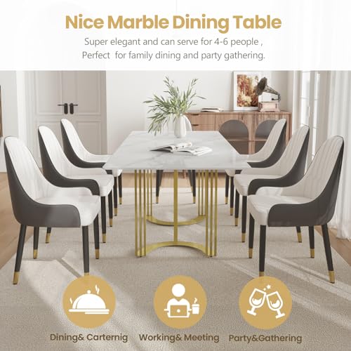 Modern Rectangle Marble Dining Table,63" White Marble Sintered Stone Top Dining Table with Gold Trestle Pedestal,Faux Marble Kitchen Dinner Table for Dining Room/Living Room/Office (Table Only)