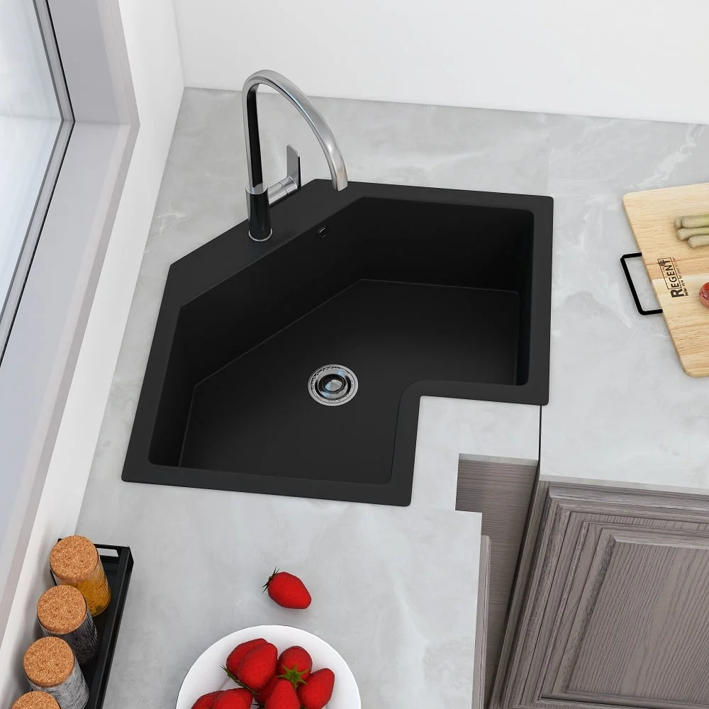 Homary 25" Black Drop In Corner Kitchen Sink Modern Single Bowl Quartz Irregular Sink