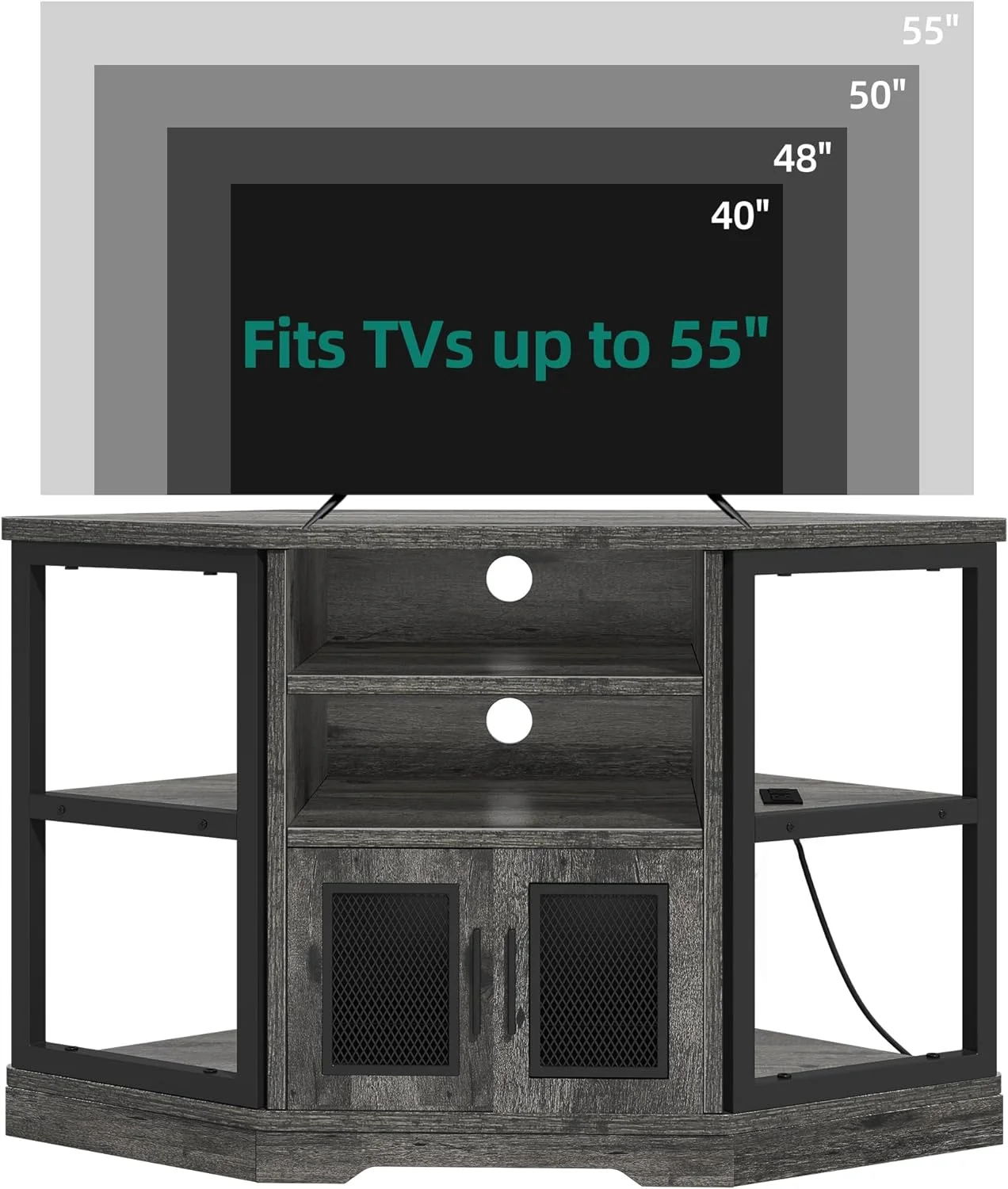 FJU Corner TV Stand for TVs up to 55 Inch with Power Outlet, Modern Farmhouse Entertainment Center, Wood TV Media Console with Storage Cabinets Shelves for Living Room Bedroom, Gray Oak