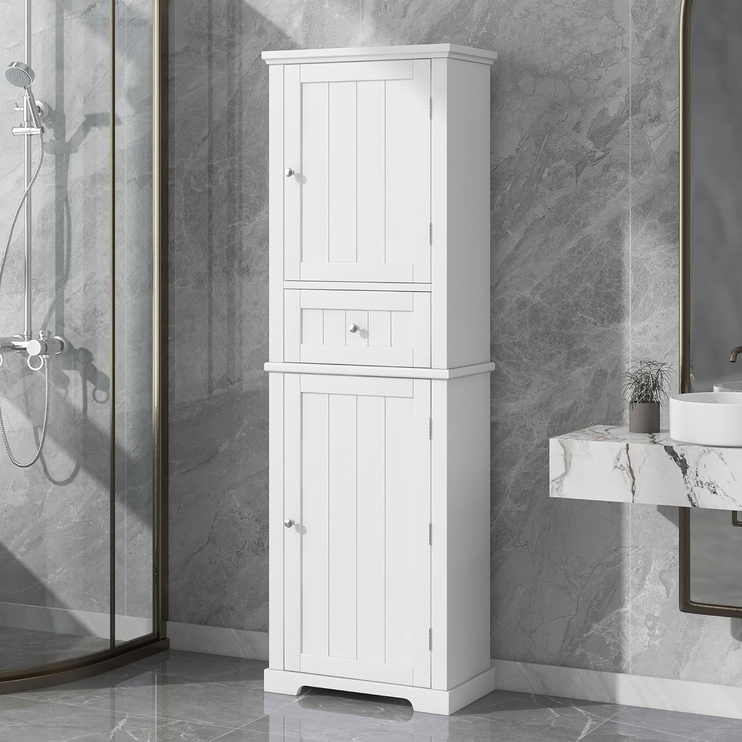 DofFo 67.3“ Tall Linen Bathroom Storage Cabinet, Modern Linen Cabinet Freestanding with 2 Doors and 1 Drawer, Bathroom Organizers Storage, Shelves for Bathroom, Living Room, Anti-Tipping, White