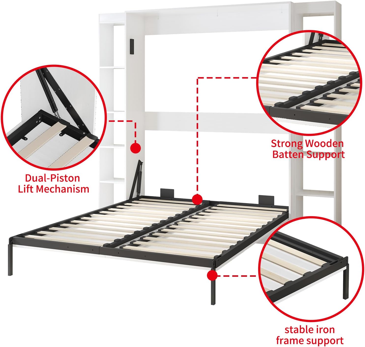 MUZZ Murphy Bed with Wardrobe，Murphy Cube Cabinet Bed with Space Saving Design，Modern Foldable Wall Bed with 2 Side Cabinet, Fold Up Murphy Bed Cabinet for Guest Room，Bedroom（White）