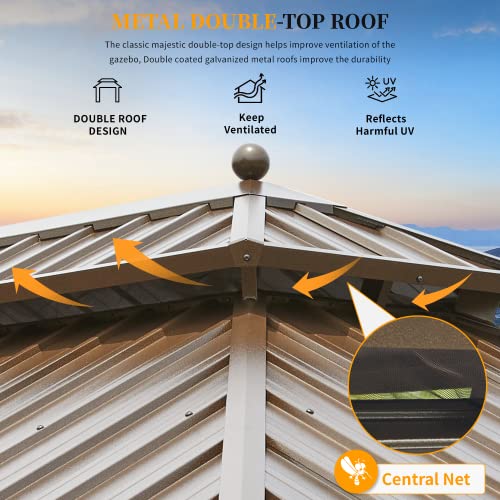 YOLENY 10' x 12' Hardtop Gazebo, Wood-Looking Gazebo with Galvanized Steel Double Roof, Aluminum Frame, Permanent Metal Pavilion with Netting and Curtains for Deck, Backyard, Patio and Lawns