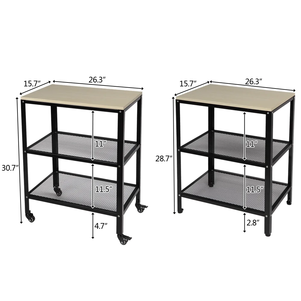 3-Tier Kitchen Microwave Cart, Rolling Utility Cart, Standing Bakers Rack Storage Cart with Metal Frame for Living Room White