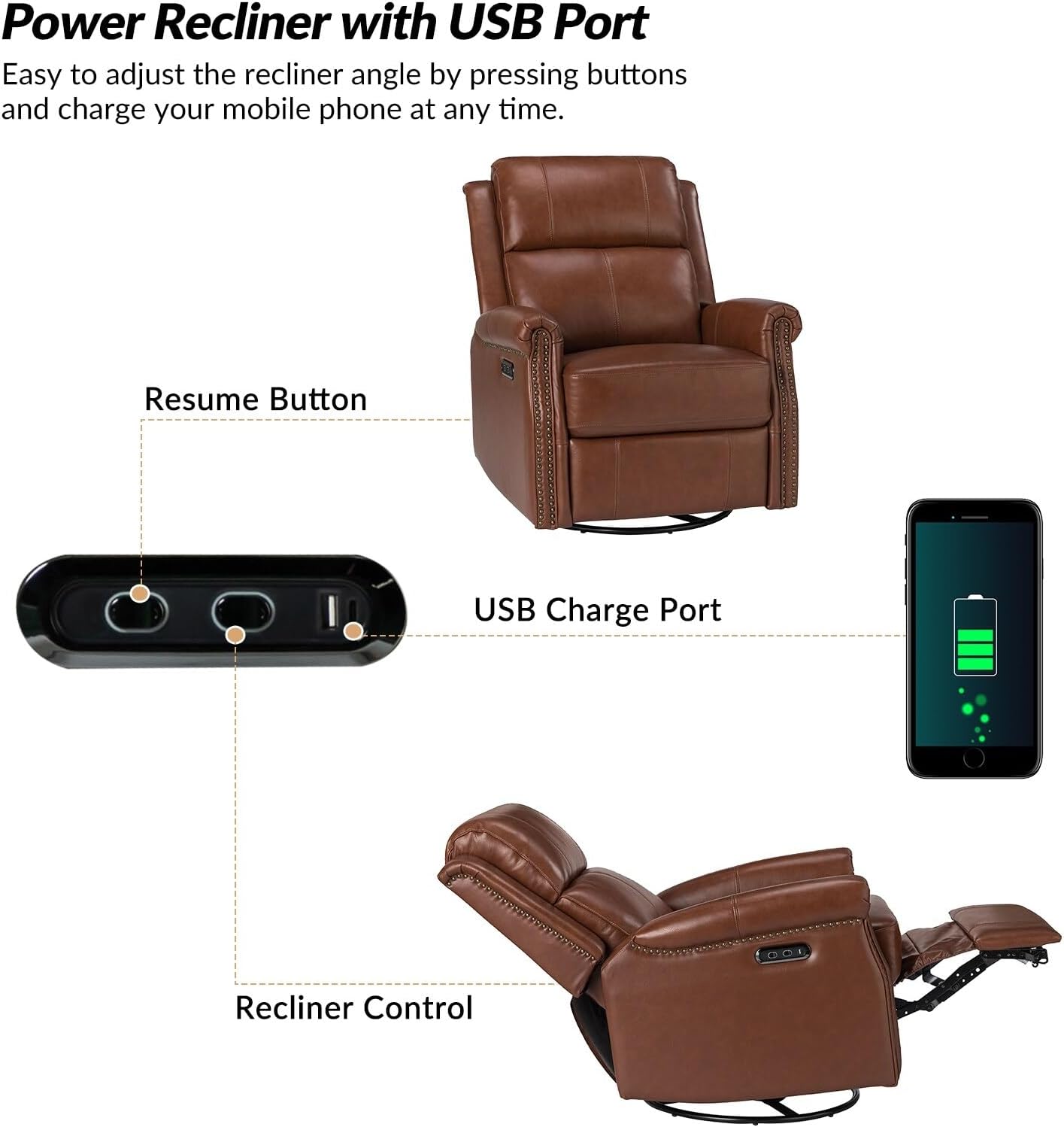 HULALA HOME Renato Traditional Genuine Leather Nailhead Power Swivel Recliner with Metal Base by BROWN