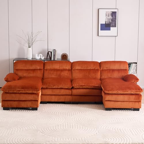110" Sectional Sofa Cloud Couch for Living Room, Modern Corduroy U Shaped Couch, Comfy Modular Sofa Sleeper with Double Chaise & Memory Foam for Living Room Apartment（White）