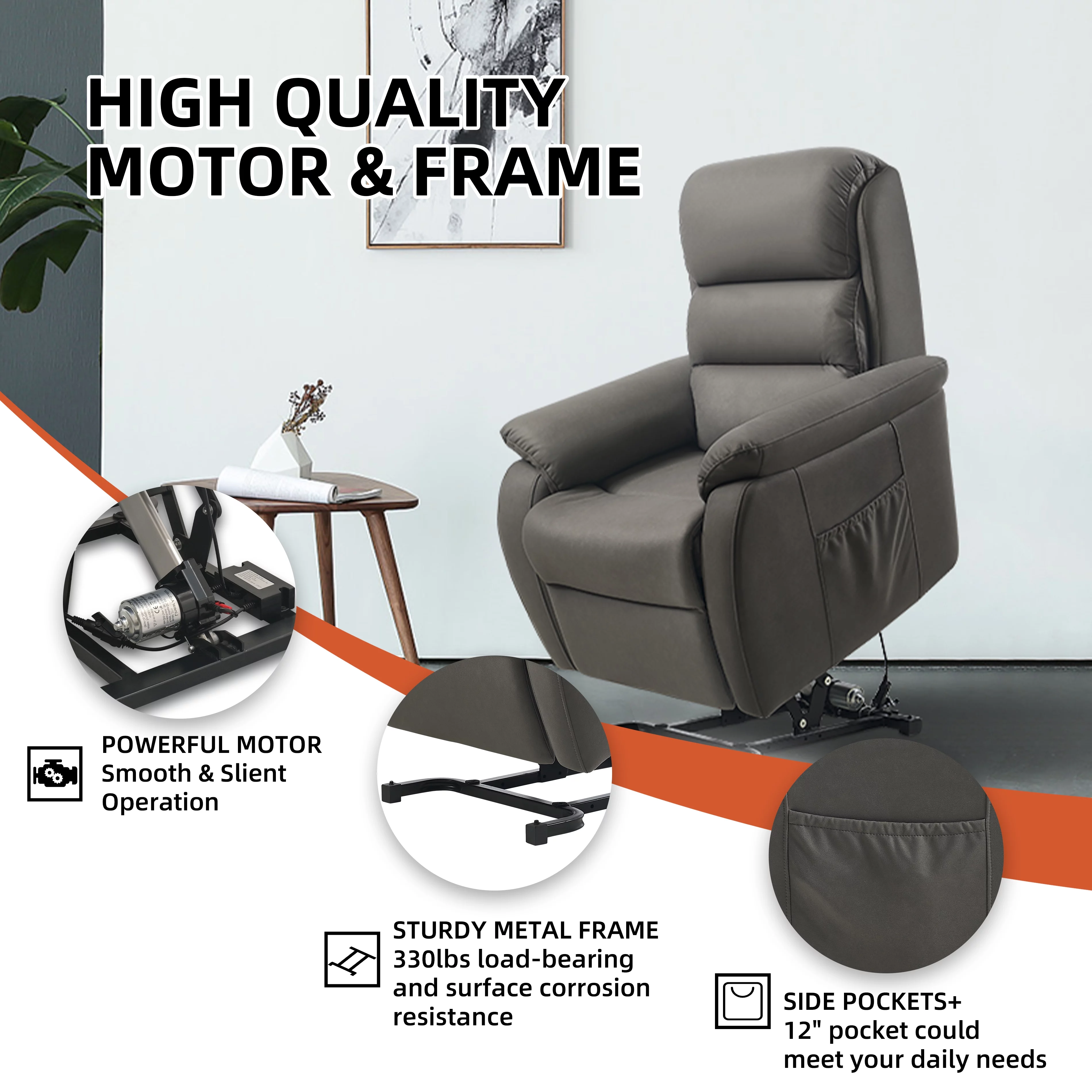 FIBO Electric Large Power Lift Recliner with Automatic Lift & Recline Button, Overstuffed Wide Recliners for Big Man People, Lift Chairs Recliners for Elderly with Massage and Heat, Fabric (Darkgrey)