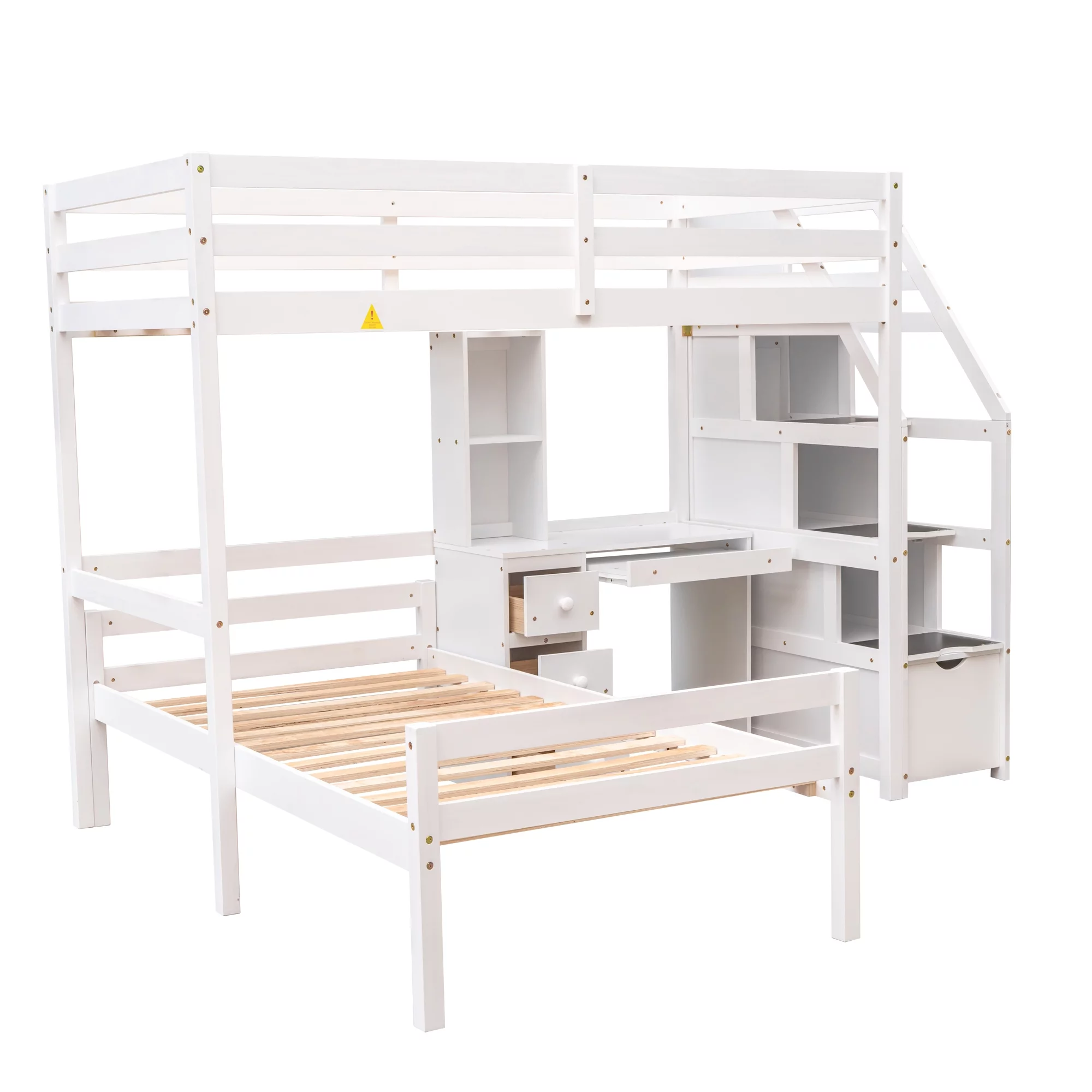 Euroco Wood Twin Bunk Loft Bed with Desk, Drawers and Shelf for Kids, White