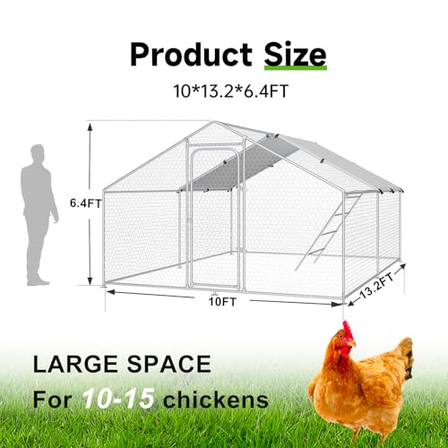 Large Metal Chicken Coop, Chicken Run Poultry Cage Hen with Water-Resident and Anti-UV Cover for Duck Rabbit House Outdoor Walk-in Chicken Pen for Yard, Dome Roof(10’ W x 19.7’ L x 6.4’ H)