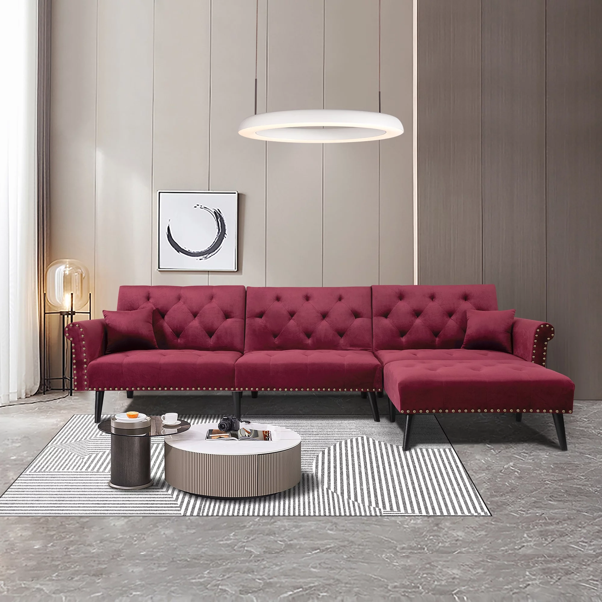 Convertible Sectional Sofa Bed - L-Shaped Reversible Reclining Velvet Sofa with 3 Seats and Pillows for Living Room Small Apartment Spaces Furniture Set