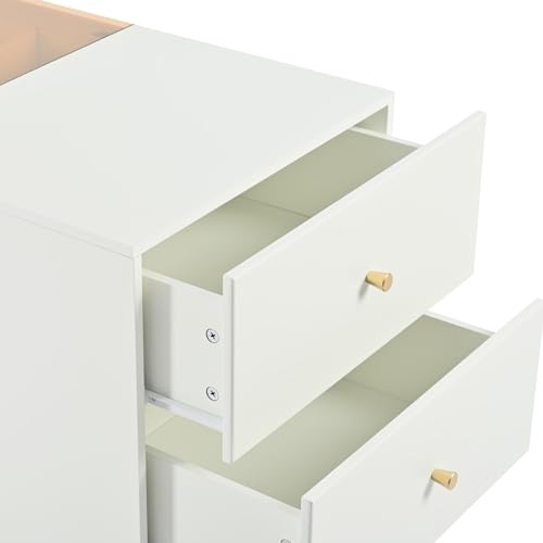 Wardrobe Armoire Bedroom Island with Glass Top, Glass Display Shelf & 6 Drawers, Wooden Closet Storage Cabinet with Open Shelves for Bedroom, Shops, Walk-in-Wardrobe, White