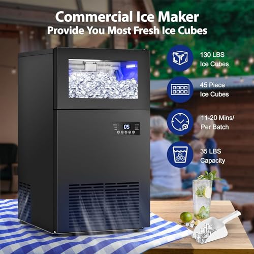 Commercail Ice Maker 160Lbs/24H with 35Lbs Ice Capacity,Upgraded 15" Wide Under Counter Ice Machine 63Pcs Ice Cubes,Commercial Ice Machine Self Clean Stainless Steel Built-in or Freestanding