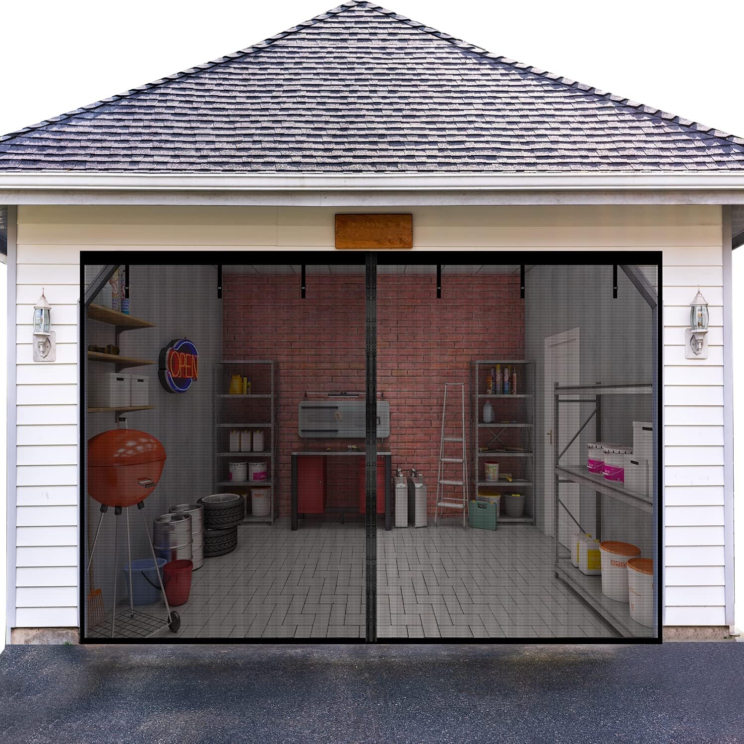 Fiberglass Magnetic Garage Screen Door - Double 16x7ft (2 car) Hands Free Mesh Screen Door，DIY Retractable Garage Door Screen with 6 Roll Up Starps，Easy to Install (16*7FT) Pack of 2