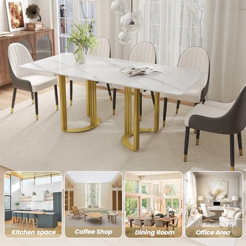 Modern Rectangle Marble Dining Table,63" White Marble Sintered Stone Top Dining Table with Gold Trestle Pedestal,Faux Marble Kitchen Dinner Table for Dining Room/Living Room/Office (Table Only)