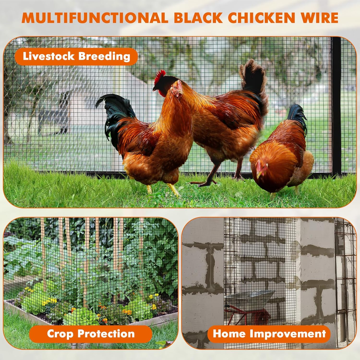 Hardware Cloth 1/2 inch 36 x 100 ft, 19 Gauge Square Vinyl Coated Galvanized Wire Metal Mesh Roll, Black PVC Chicken Wire Fencing for Poultry Cage Home Improvement Projects