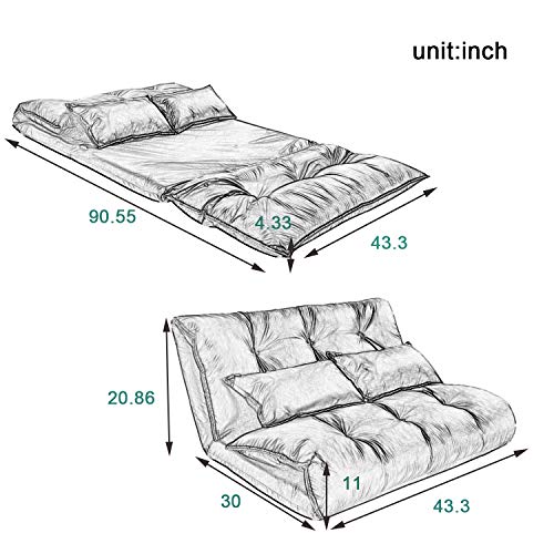 Futon Floor Sofa 5-Position Folding Chaise Lounge w/Adjustable Back&Steel Frame for Gaming Video,Multi-functional Lazy Sofa Sleeper Bed w/2 Lumbar Pillows&Thick Cushion for Living Room Bedroom (Black)