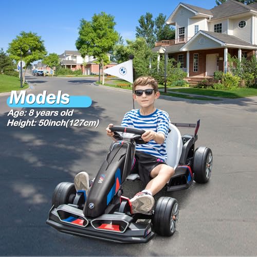 36V Electric Go Kart for Kids, Licensed BMW Battery Powered Drift Racing Go Kart, 7.5 MPH Drift Kart with Dual 300W Powerful Motor, Kids Race Pedal Go Karting Car w/Adjustable Speed, White