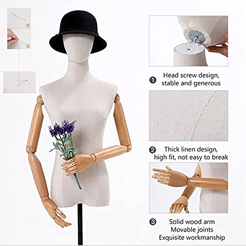 Female Mannequin Dress Form Torso, Display Mannequin Body with Detachable Head, Wooden Hands and Golden Adjustable Height Stand, for Dress Jewelry Display, Beige (Gold)