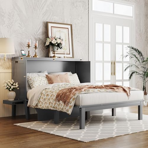 Queen Size Murphy Bed with USB Ports and Removable Shelves on Each Side, Wood Murphy Bed Wall Bed Folding Wall Bed for Home Office or Small Room, Gray