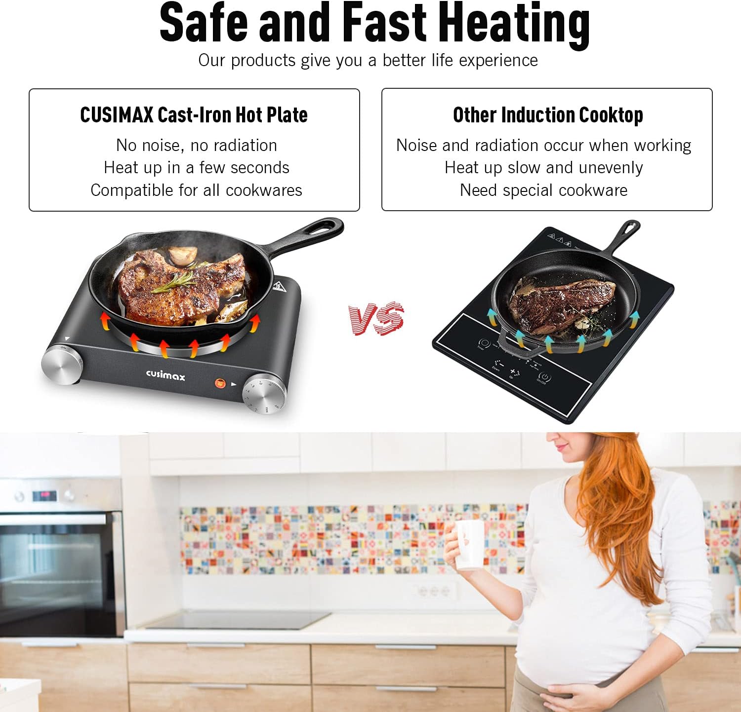 Cusimax Hot Plate Electric Burner Single Burner Cast Iron hot plates for cooking Portable Burner 1500W with Adjustable Temperature Control Stainless Steel Non-Slip Rubber Feet, Upgraded Version
