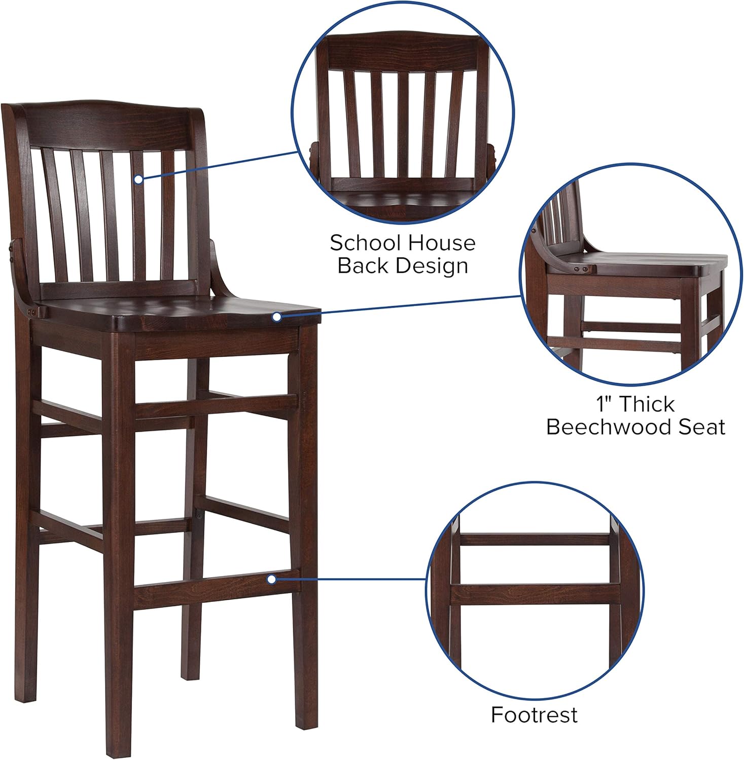 BizChair School House Back Walnut Wood Barstool