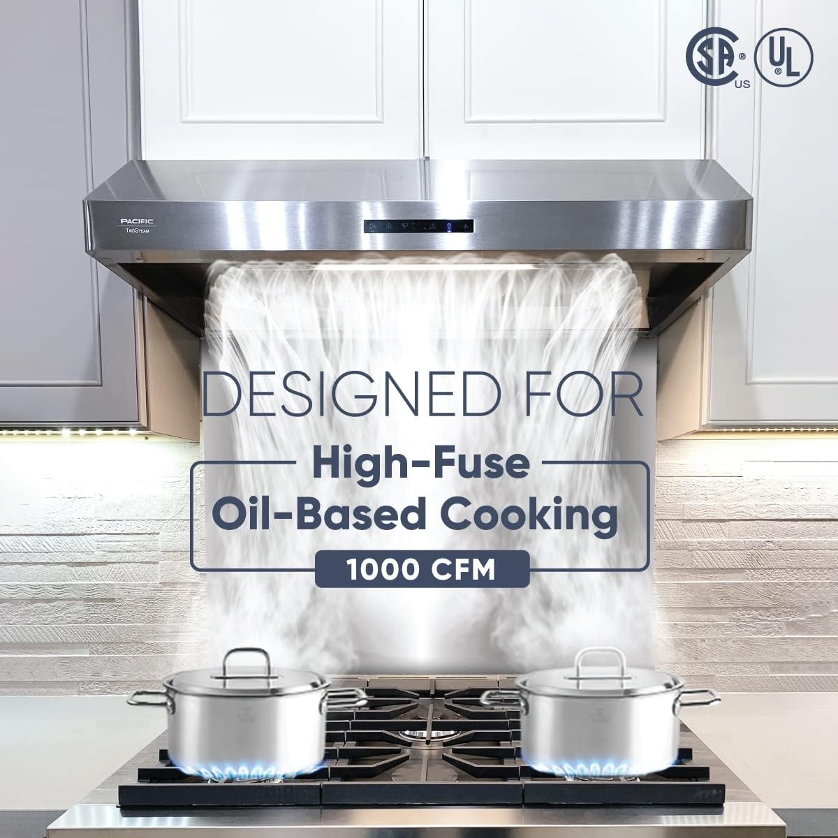 Pacific Trusteam 30" Under Cabinet Hood, Auto Steam Cleaning, 900+ CFM Powerful Vent, Ultra Quiet Performance Hood, Stainless Steel Color, 2 Dual-Level LED Light Strips, High-Tech Touch Control (30')