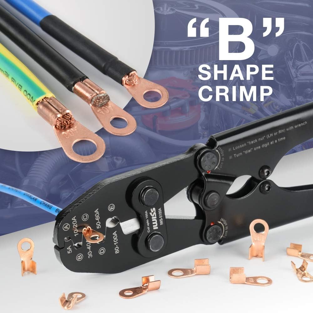 IWISS Battery Cable Lug Crimping Tool for Open Barrel Lug,Lead-Free OEM Battery Terminals,B Type Crimper for AWG 16-4