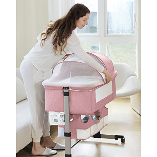 Ihoming Baby Bassinet Bedside Sleeper, Baby Bed Side Crib with Storage Basket, Easy Folding Bassinets, Adjustable Baby Bed for Infant Newborn, Pink